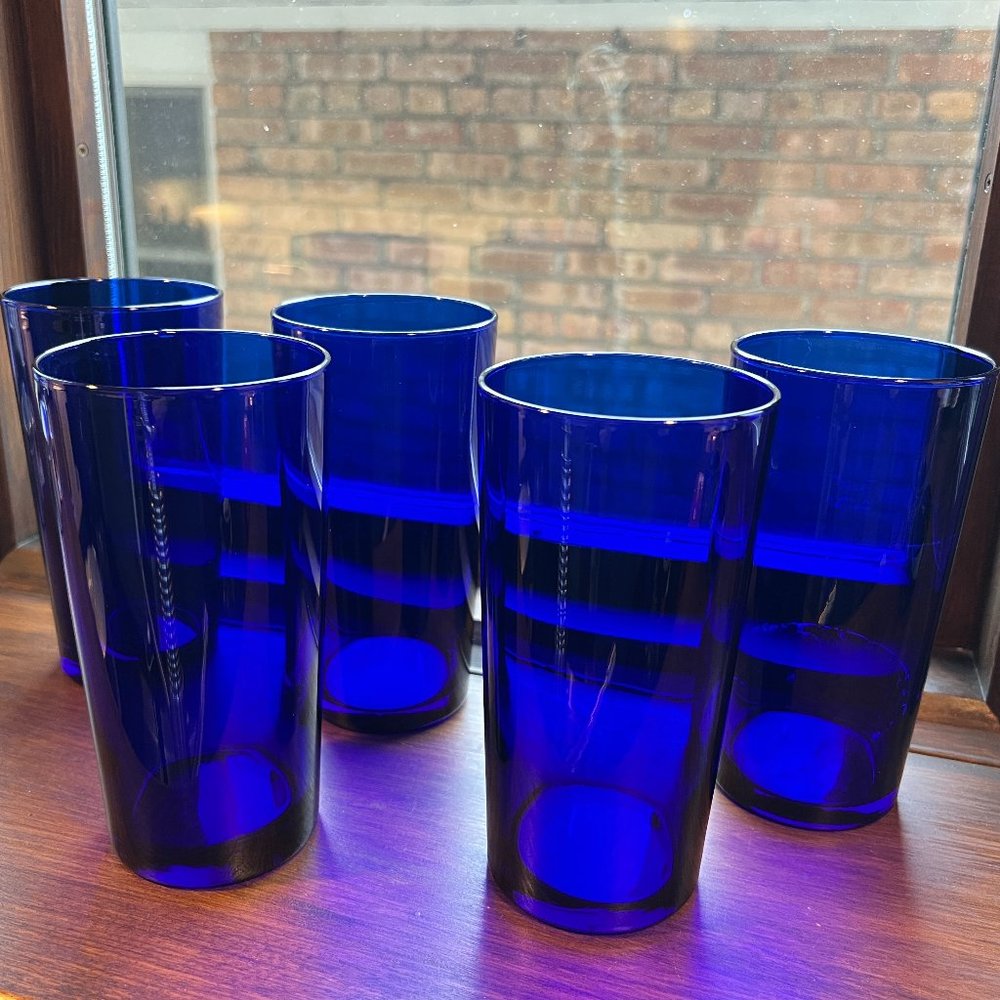 Vintage Libbey Cobalt Deep Blue Tumblers Glasses 5 Tall + 1 Bonus Short!